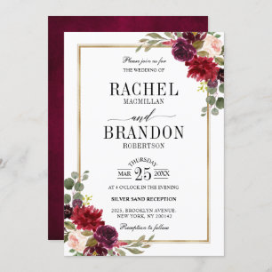 Burgundy Floral Gold Rustic Wedding Kaart