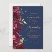 Burgundy Floral Gold Script Navy Blue Wedding Kaart (Voorkant)