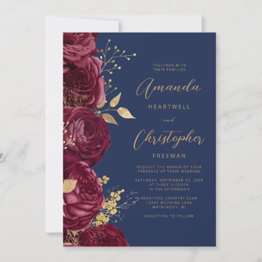 Burgundy Floral Gold Script Navy Blue Wedding Kaart (Voorkant)