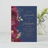 Burgundy Floral Gold Script Navy Blue Wedding Kaart (Staand voorkant)