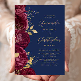Burgundy Floral Gold Script Navy Blue Wedding Kaart