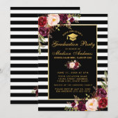 Burgundy Floral Gold Striped Graduparty Kaart (Voorkant / Achterkant)