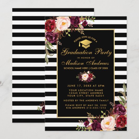 Burgundy Floral Gold Striped Graduparty Kaart (Voorkant / Achterkant)