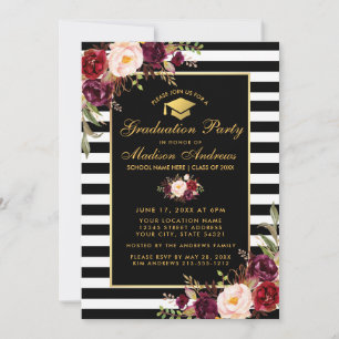 Burgundy Floral Gold Striped Graduparty Kaart