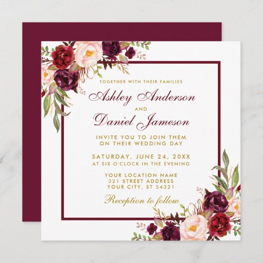 Burgundy Floral Gold Wedding Invite Card B Kaart (Voorkant / Achterkant)