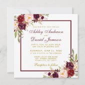 Burgundy Floral Gold Wedding Invite Card B Kaart (Voorkant)