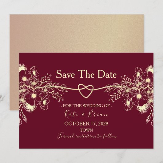Burgundy Floral Gold Wedding Save the Date (Voorkant / Achterkant)