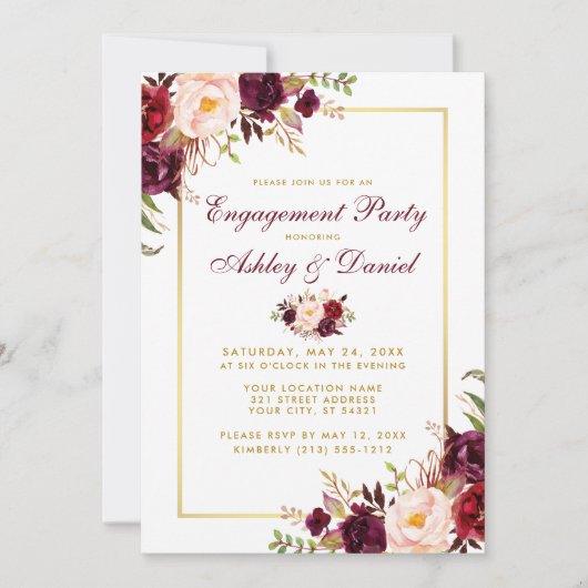 Burgundy Floral Gold Wedding Verloving Invite B Kaart (Voorkant)