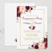 Burgundy Floral Gold Wedding Verloving Invite B Kaart (Voorkant / Achterkant)