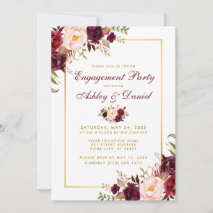 Burgundy Floral Gold Wedding Verloving Invite B Kaart