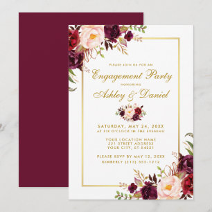 Burgundy Floral Gold Wedding Verloving Invite GB Kaart