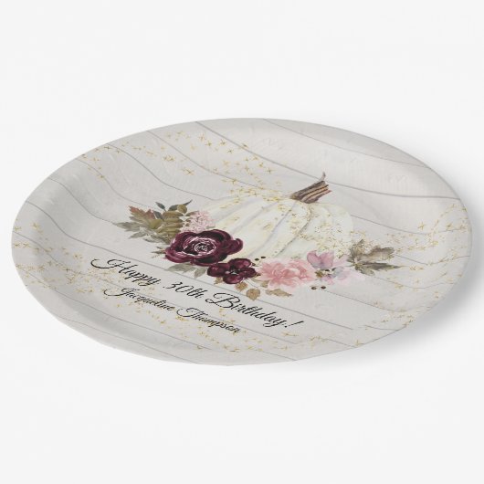 Burgundy Floral Gold White Pumpkin 30th Birthday Papieren Bordje (Gekanteld)