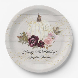 Burgundy Floral Gold White Pumpkin 30th Birthday Papieren Bordje