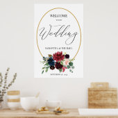 Burgundy Floral Gold Wreath Weddenschap Welkom Poster (Keuken)
