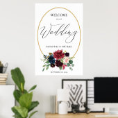 Burgundy Floral Gold Wreath Weddenschap Welkom Poster (Thuiskantoor)