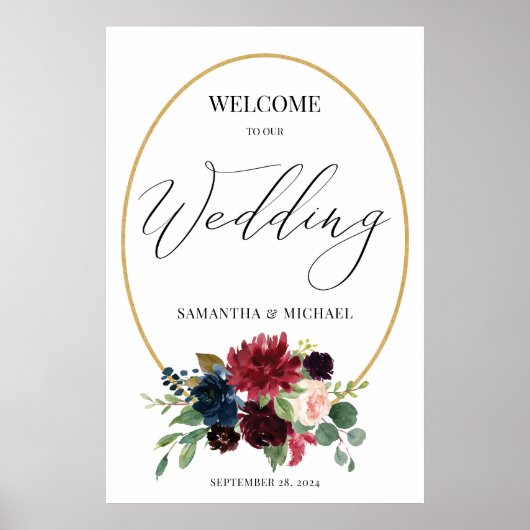 Burgundy Floral Gold Wreath Weddenschap Welkom Poster (Voorkant)
