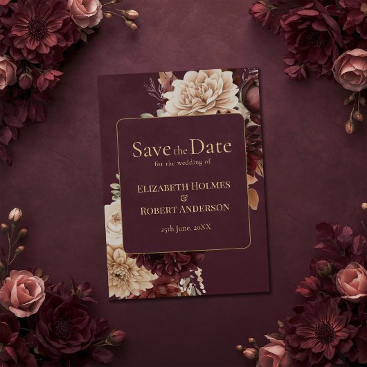 Burgundy Floral Gothic Save the Date Card Kaart