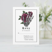Burgundy Floral Gothic Skeleton Wedding RSVP Kaartje (Staand voorkant)