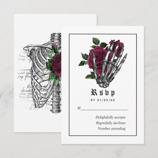 Burgundy Floral Gothic Skeleton Wedding RSVP Kaartje (Voorkant / Achterkant)