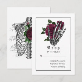 Burgundy Floral Gothic Skeleton Wedding RSVP Kaartje