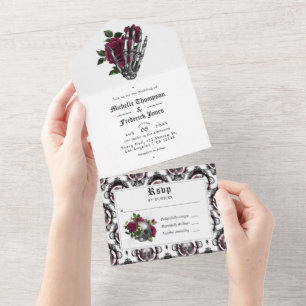 Burgundy Floral Gothic Wedding All In One Uitnodiging