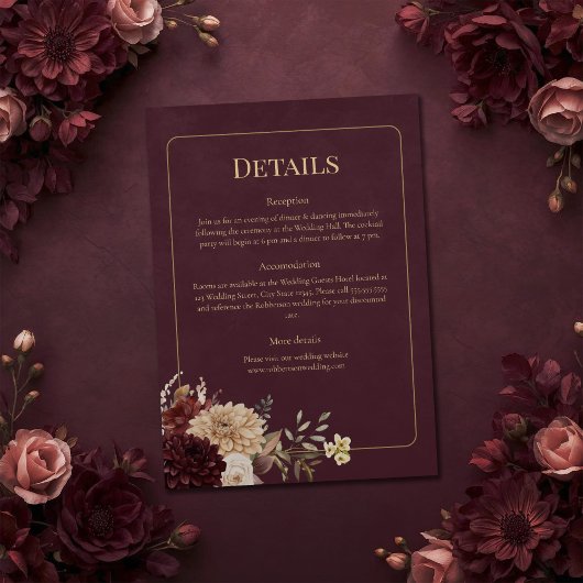 Burgundy Floral Gothic Wedding Details Card Kaart