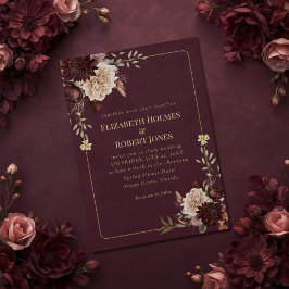 Burgundy Floral Gothic Wedding Invitation Kaart
