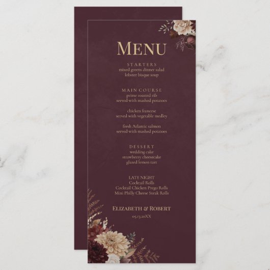 Burgundy Floral Gothic Wedding Menu (Voorkant / Achterkant)