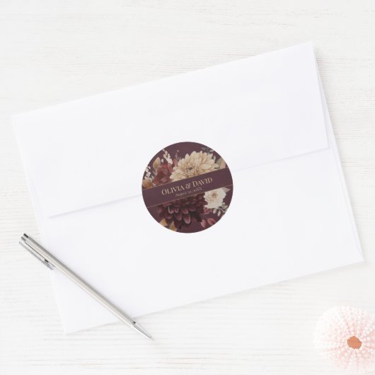 Burgundy Floral Gothic Wedding Round Sticker (Envelop)