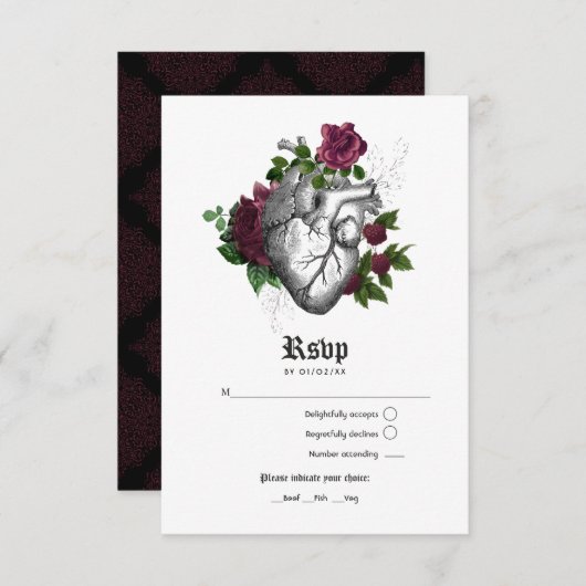 Burgundy Floral Gothic Wedding RSVP Kaartje (Voorkant / Achterkant)