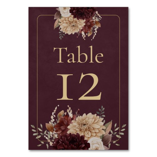 Burgundy Floral Gothic Wedding Table Number Kaart (Voorkant)