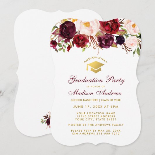 Burgundy Floral Gradual Party Gold Invite B Kaart (Voorkant / Achterkant)