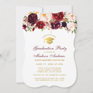 Burgundy Floral Gradual Party Gold Invite B Kaart