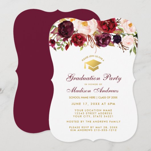 Burgundy Floral Gradual Party Gold Invite BR Kaart (Voorkant / Achterkant)