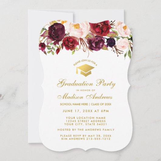 Burgundy Floral Gradual Party Gold Invite BW Kaart (Voorkant)