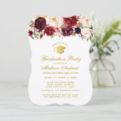 Burgundy Floral Gradual Party Gold Invite BW Kaart (Staand voorkant)