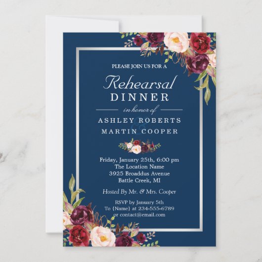 Burgundy Floral Gray Blue Wedding Rehearsal Dinner Kaart (Voorkant)