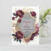 Burgundy Floral Gray Gold Luxury Wedding Kaart (Staand voorkant)