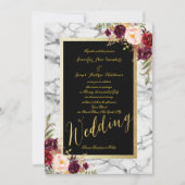 Burgundy Floral Gray Marble Gold Wedding Kaart (Voorkant)