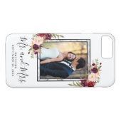Burgundy Floral Gray Marble Script Weduwfoto Case-Mate iPhone Case (Achterkant (Horizontaal))