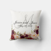 Burgundy Floral Gray White Monogram Weddenschap Kussen (Achterkant)