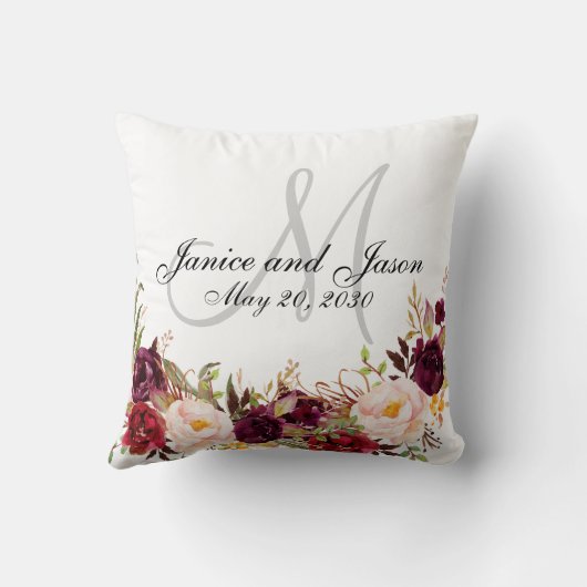 Burgundy Floral Gray White Monogram Weddenschap Kussen (Achterkant)