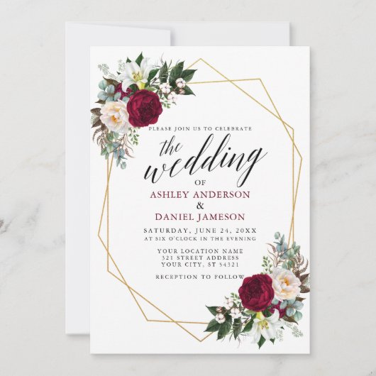 Burgundy Floral Greenery Calligraphy Gold Wedding Kaart (Voorkant)