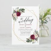Burgundy Floral Greenery Calligraphy Gold Wedding Kaart (Staand voorkant)