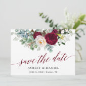 Burgundy Floral Greenery Calligraphy Save the Date (Staand voorkant)