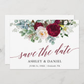 Burgundy Floral Greenery Calligraphy Save the Date (Voorkant / Achterkant)