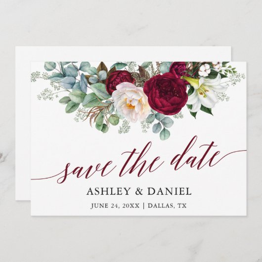Burgundy Floral Greenery Calligraphy Save the Date (Voorkant / Achterkant)