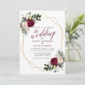 Burgundy Floral Greenery Calligraphy Wedding Gold Kaart (Staand voorkant)