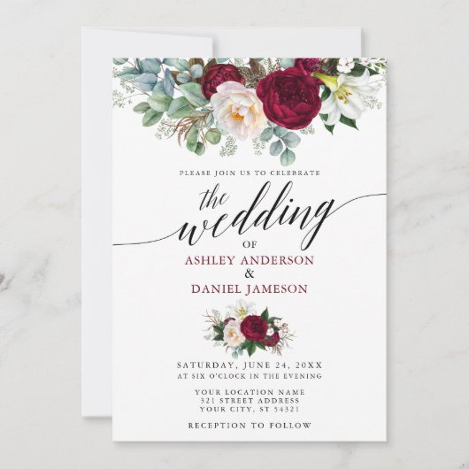 Burgundy Floral Greenery Calligraphy Wedding W Kaart (Voorkant)