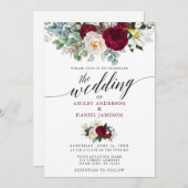 Burgundy Floral Greenery Calligraphy Wedding W Kaart (Voorkant / Achterkant)